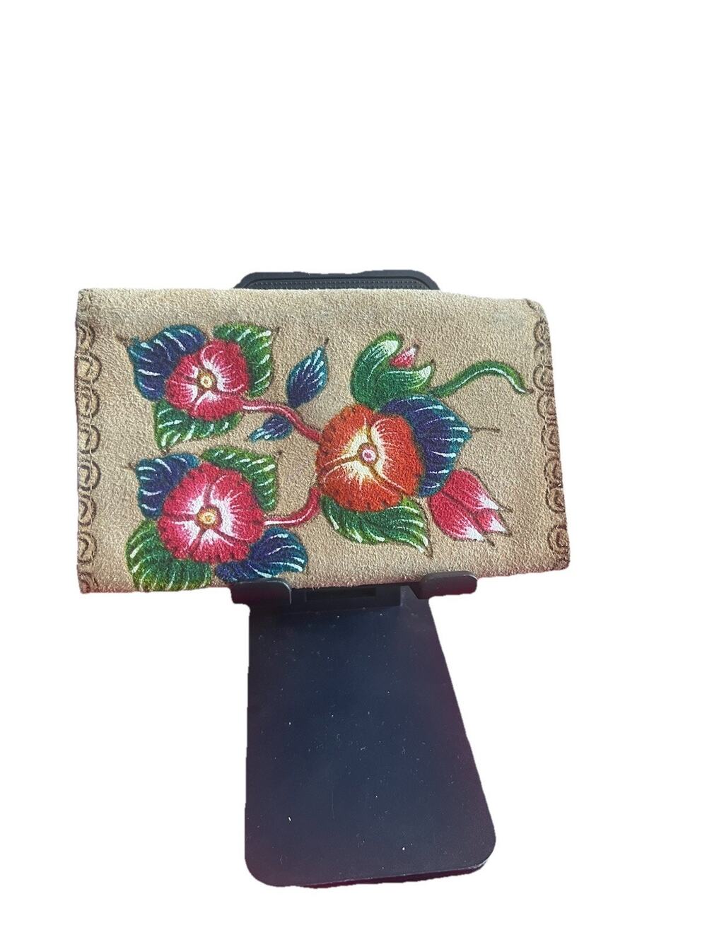 VTG Mexican Hand Painted Floral Suede coin purse small wallet